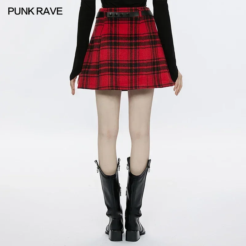 PUNK RAVE Women's Punk Black+red Plaid Splicing Skirt Rivet Metal Buckle Belt Daily A-Line Personality Mini Skirts