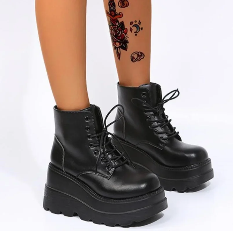 

Женские ботинки на высокой толстой подошве, зимние ботильоны наклонном каблуке со шнуровкой, женская обувь, ярко-черные, светлые, блестящие, черные, Chaussure Femme