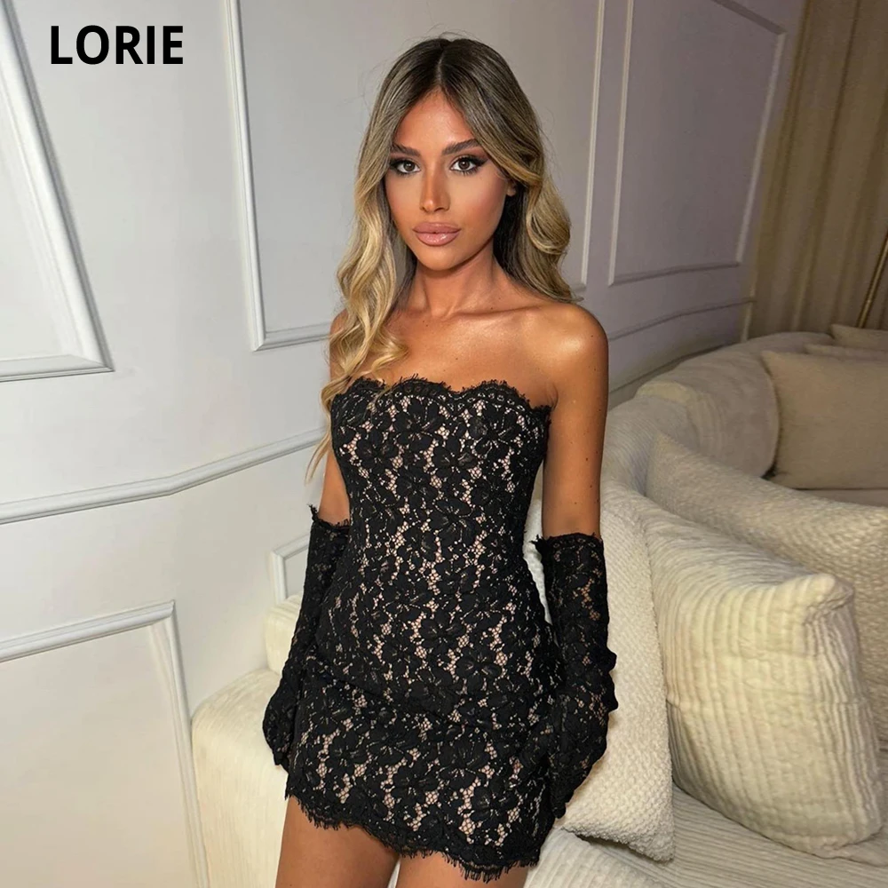 

LORIE Short Prom Dress Black Off The Shoulder Above Knee Lace Formal Evening Gowns Girl Graduations Party Dress Excluding Gloves