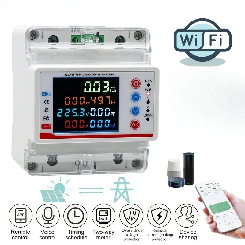 100A 2P WiFi Bi-Directional Din Rail KWh Meter Household Over Voltage Leakage Current Safety Module
