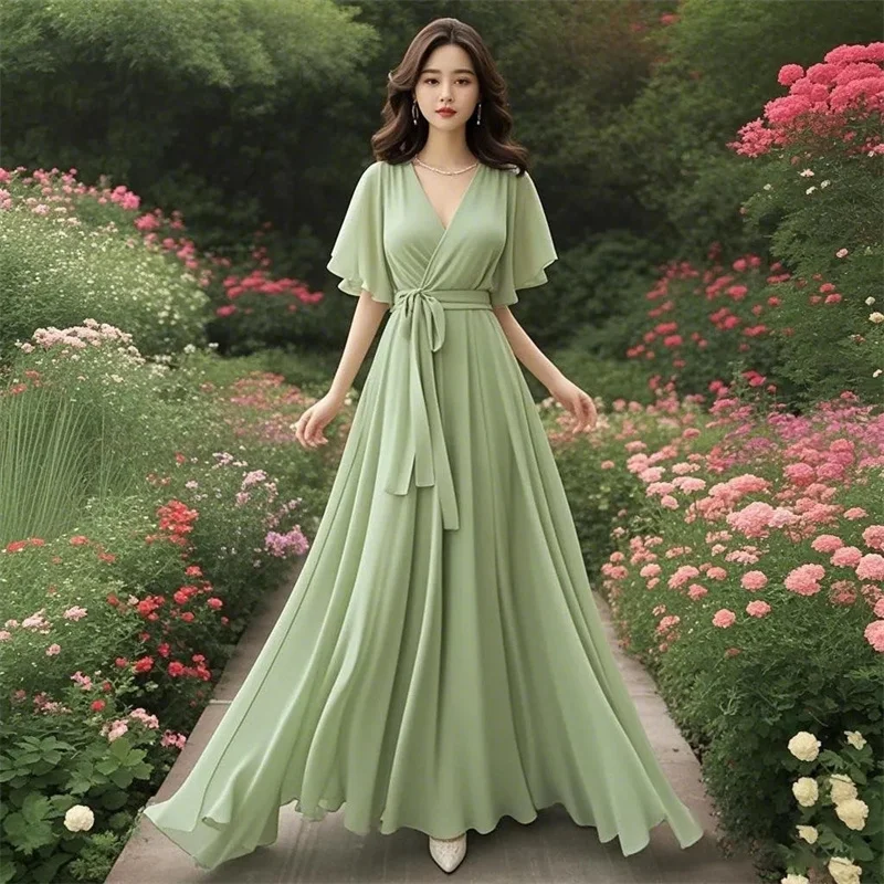 2025 Summer New Vacation Display Slimming Long Dres With Belt Fashionable Super Fairy Light Green Chiffon Dress for Women Dress