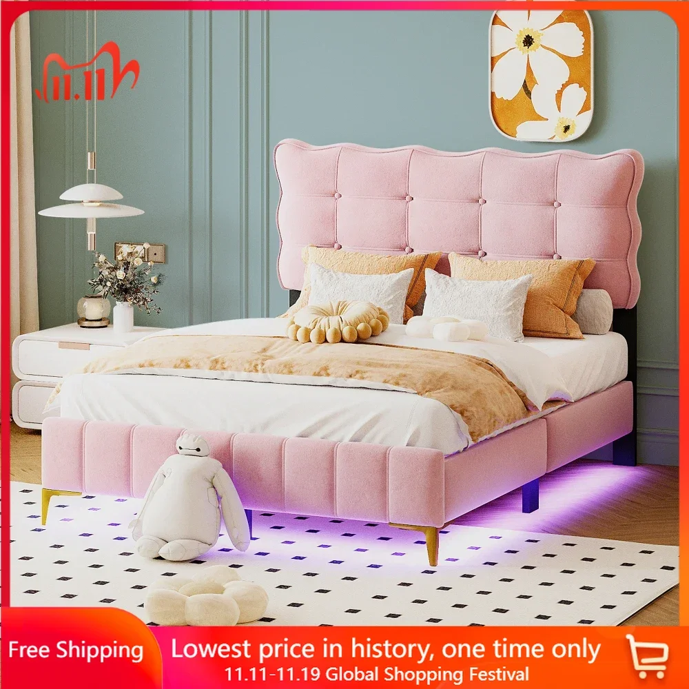 Full Size Upholstered Platform Bed with LED Frame and Stylish Mental Bed Legs Pink Velvet Bed Frame for Bedroom Furniture