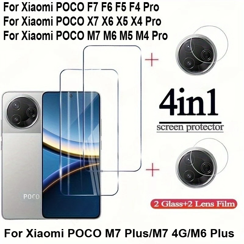 

4in1 Tempered Glass Screen Protector+Camera Protector for Xiaomi Poco X7 X6 X5 X4 Pro/F7 Ultra/F7 Pro/F6 F5 F4 Pro/M7 M6 M5 Pro