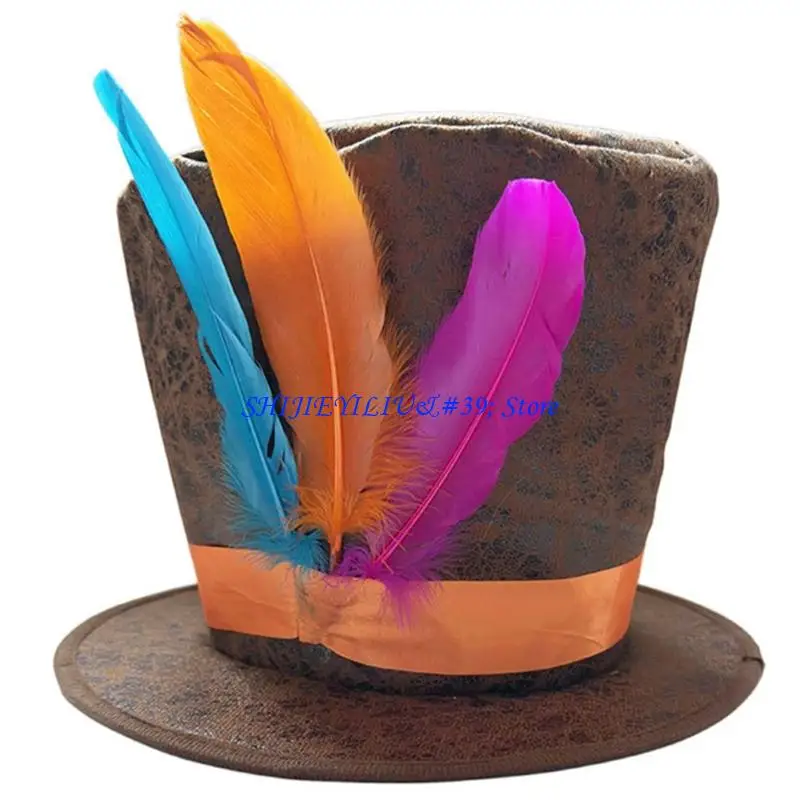 E21F Feathered Top Hat Headbands Party Dressingup Tall Hat for Women Men Stage Show