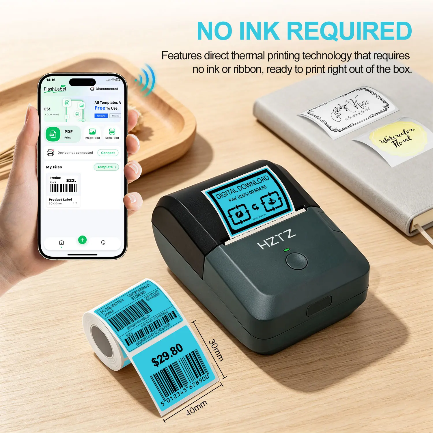 40x30mm Thermal Label Printer, No Ink Mini Portable Label Maker, 203DPI Wireless for Price Tags, Barcodes, Small Business