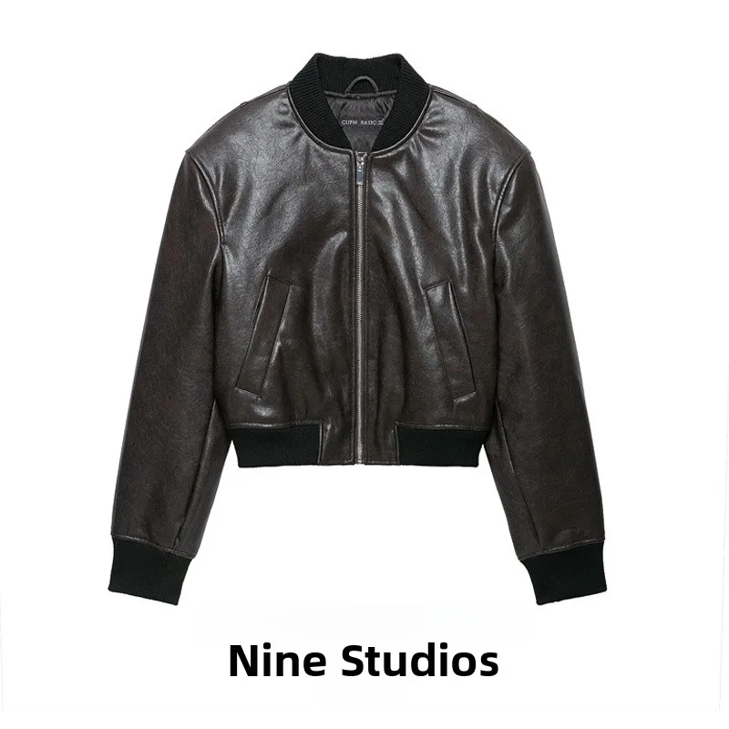 Women's PU Leather Effect Pilot Jacket Coat Top NINE ZAR 8490707 Short Sleeve Zipper Closure Winter Fashion Ladies Coat