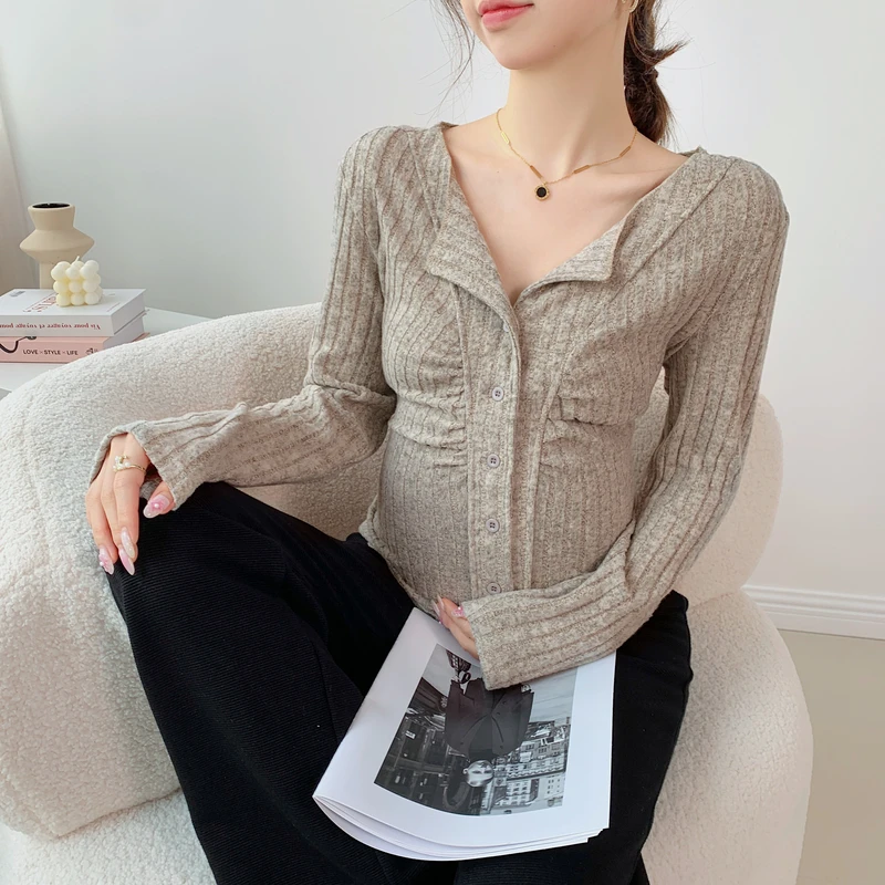 2024 Autumn Winter Knitted Cardigan Shirts for Maternity Elegant A Line Slim Nursing Tops for Pregnant Women Youth Pregnancy Hot