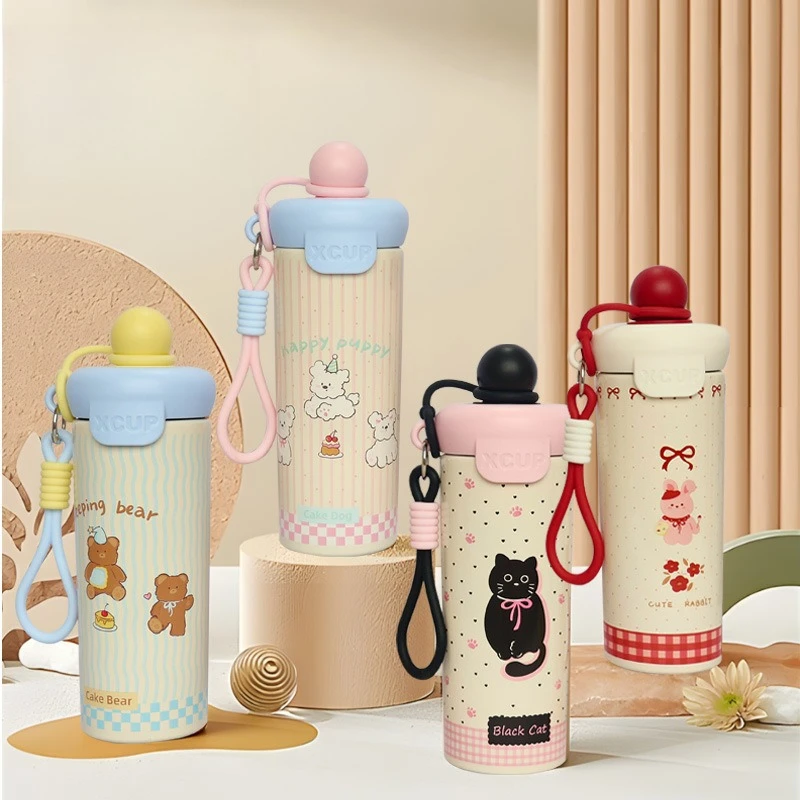600ml New Cute Cartoon Animal Float Cup 316 Stainless Steel Insulated Bottle Student Children Portable Rope Straw Cup