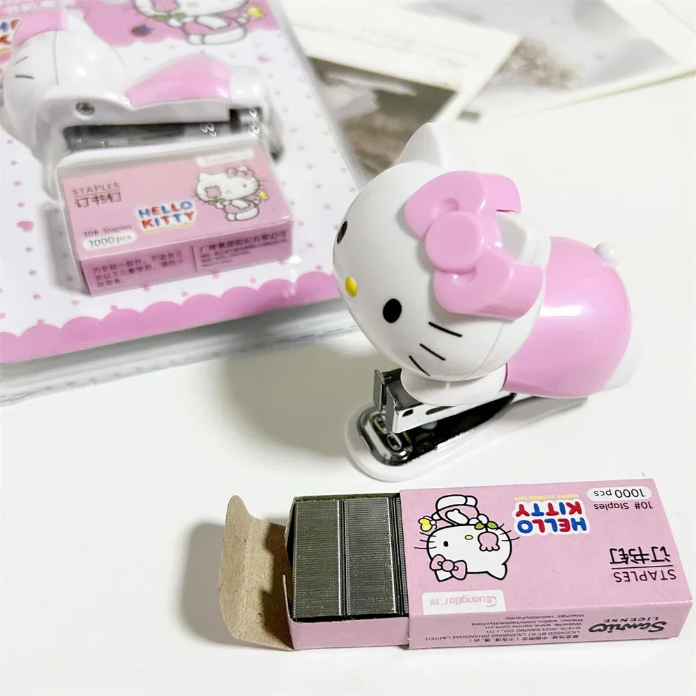 Set staples Hello Kitty dua warna lucu kartun KtCat, bahan siswa kertas tes mesin pengikat Mini Kawaii