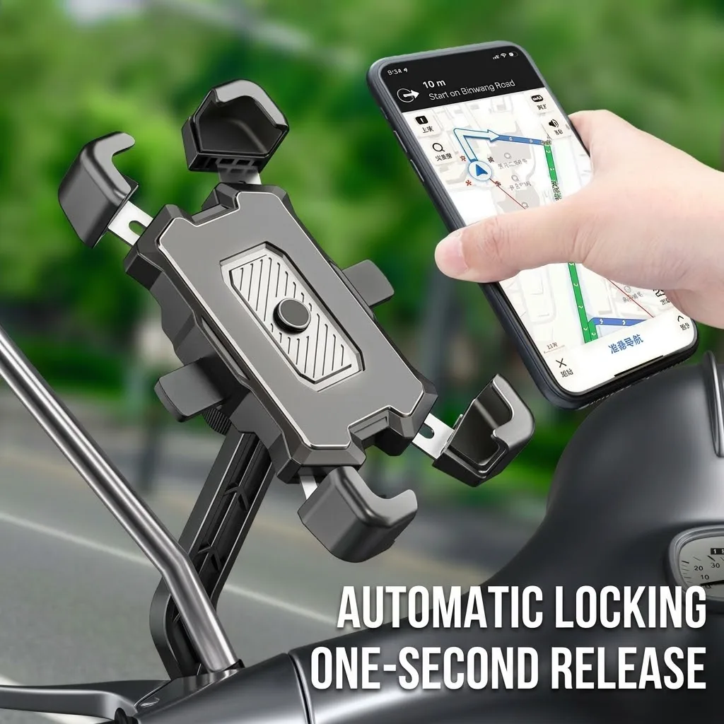 Automatic Locking Bicycle Handlebar Clip Mechanical Four-Jaw Grip Stable Base For Motorcycle navigation Compatible For Phones