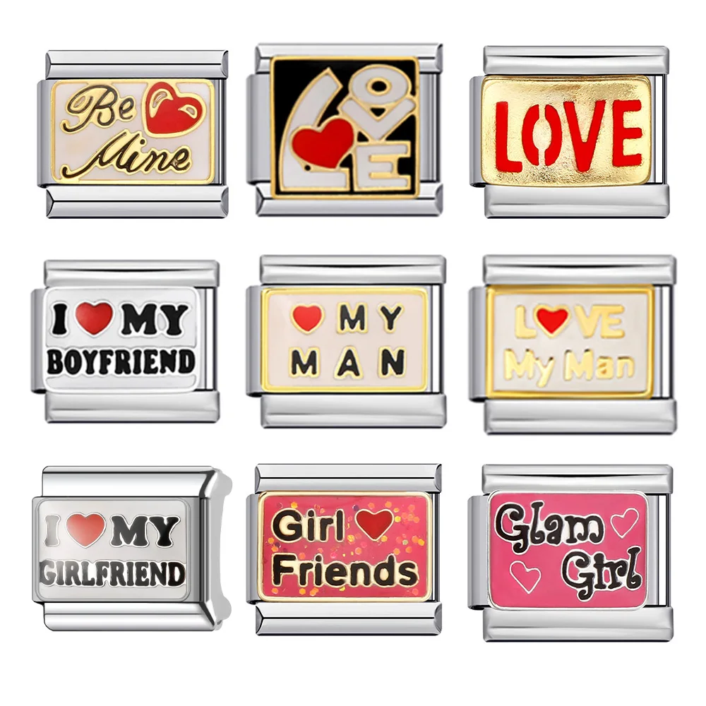 Abalorio italiano I Love My Boyfriend Girlfriend, compatible con pulseras de acero inoxidable de 9mm, joyería DIY para parejas amantes