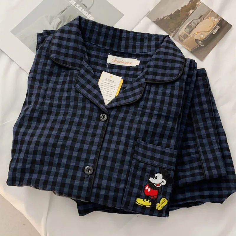 Mickey Mouse Fashion Simple Plaid Pajamas and Pajamas Set Spring and Autumn Casual Loose Student Dormitory Home Clothes