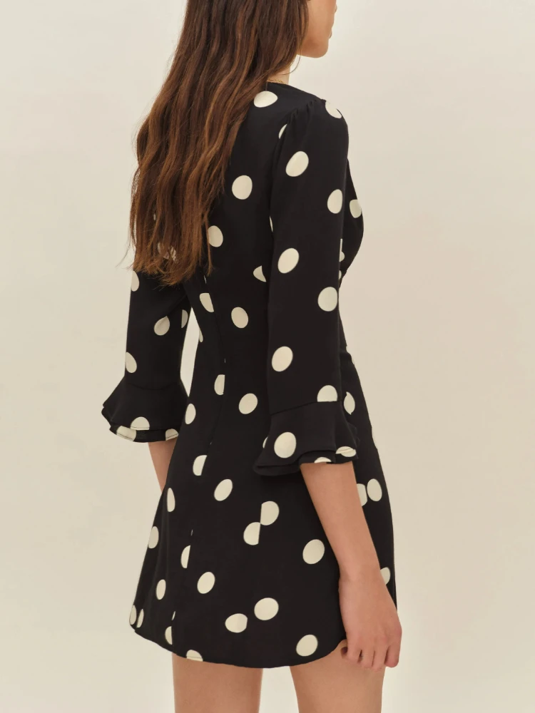 Franse Vrouwen Zwarte Polka Dot Mini Jurk Lente Zomer Lange Mouw V-hals Stropdas Kant Slanke Geplooide Party Dames Vakantie Jurken Nieuw