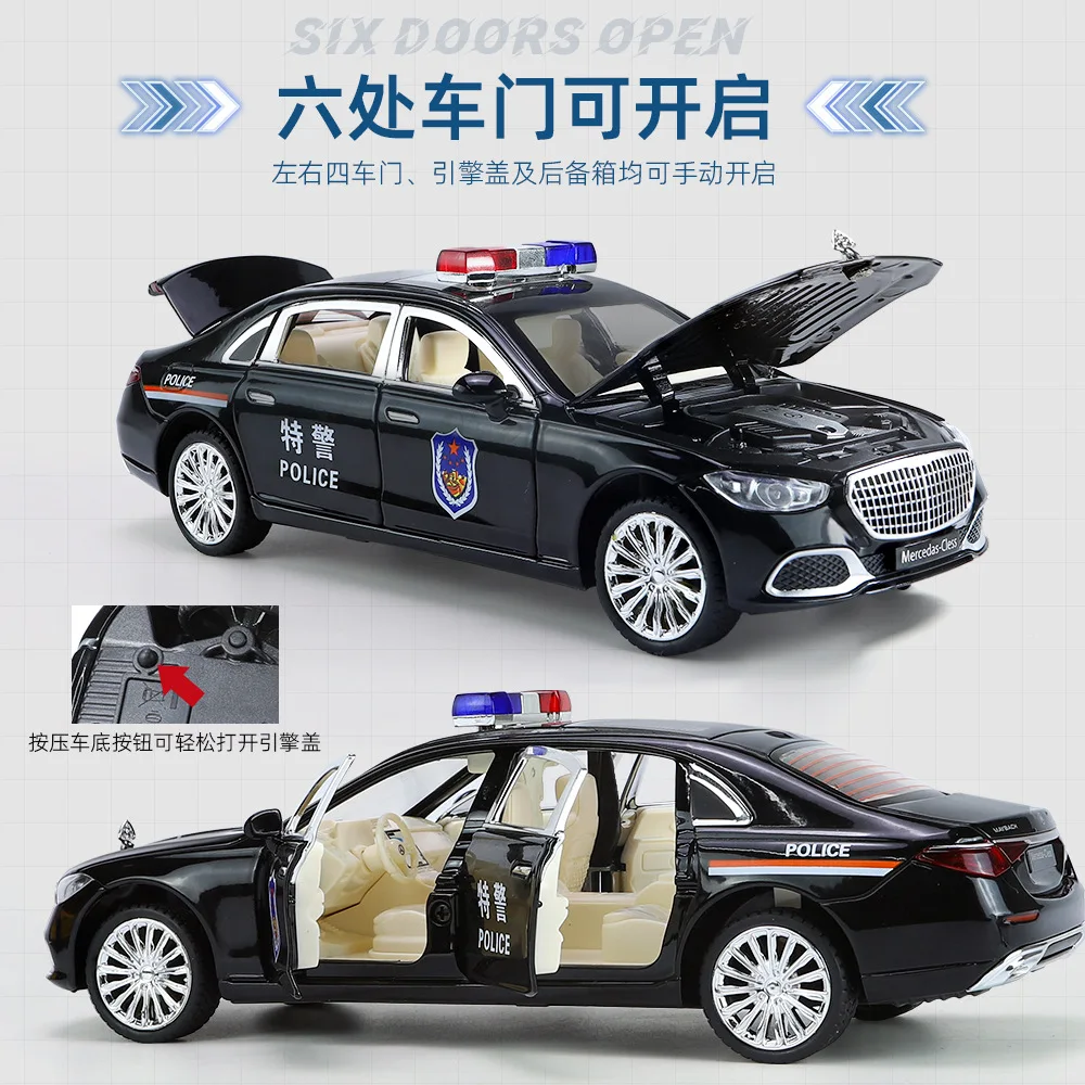 Coche de policía mercedes-benz Maybach S680, modelo de aleación de Metal fundido a presión, luz de sonido, colección de juguetes, regalos, 1:24