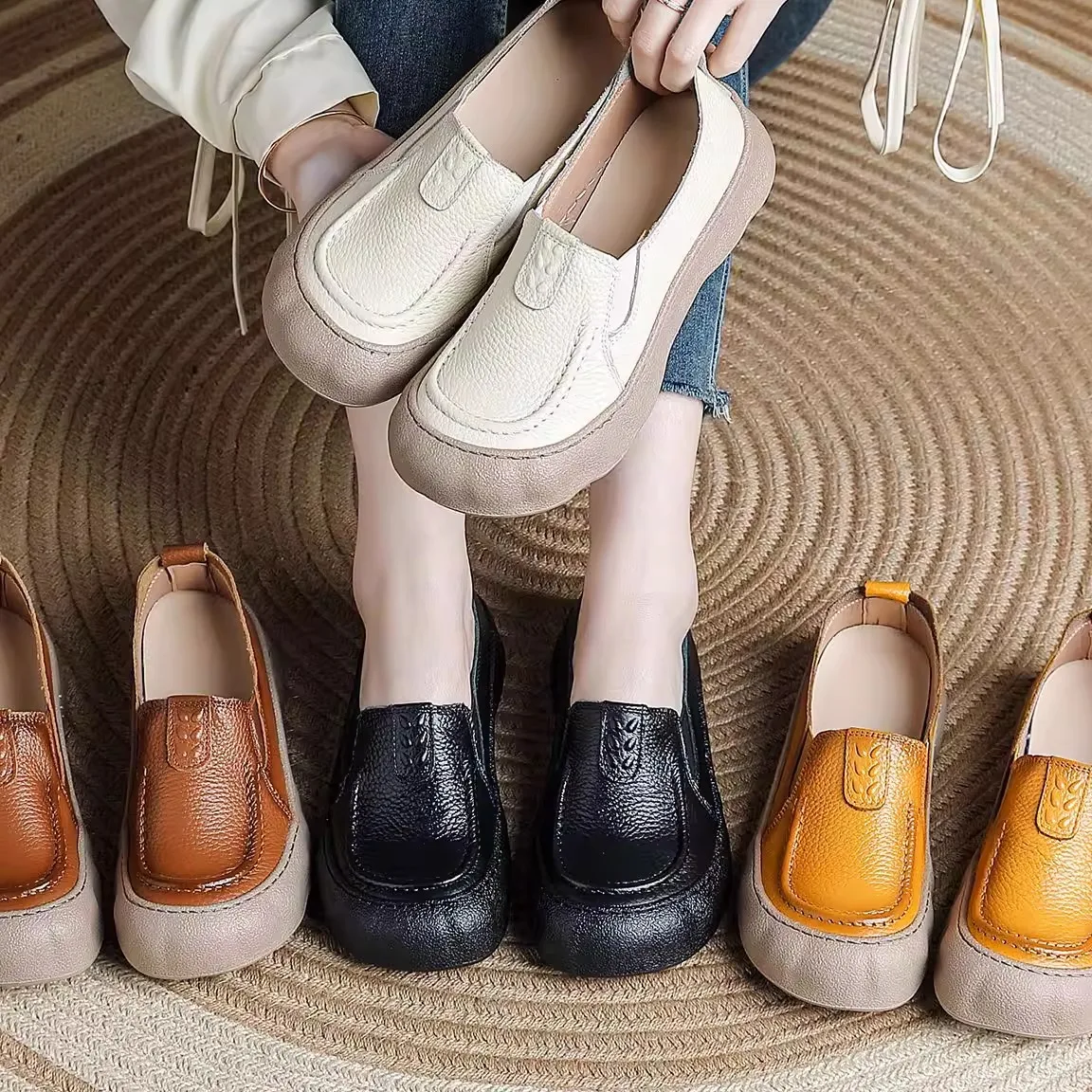 

Thick Bottomed Genuine Leather Slip-On Loafers for Middle-Aged And Elderly People Fashionable Flat Footwear Casual Outdoor Shoes