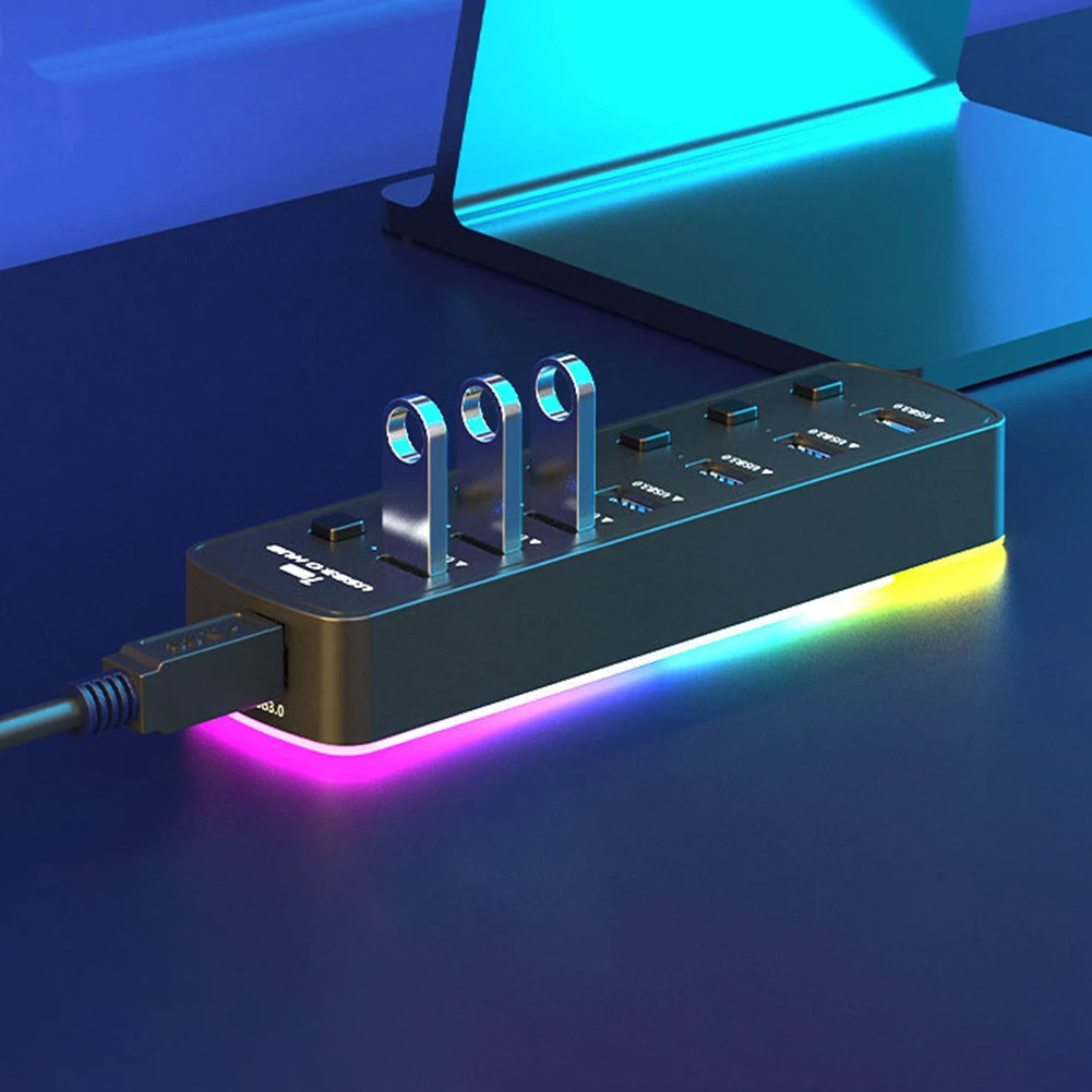 USB 3.0 Power Adapter 7 Ports Multi USB Splitter Hub USB Hub 2.0 USB Multiple Expander With Backlit 5Gbps Docking Station