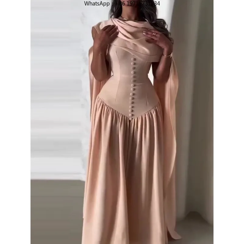 Temperament Solid Color Dress Fashion  A-line O-Neck Long Dresses Luxury Nipped Waist Sleeveless Shawl Collar Banquet Dress