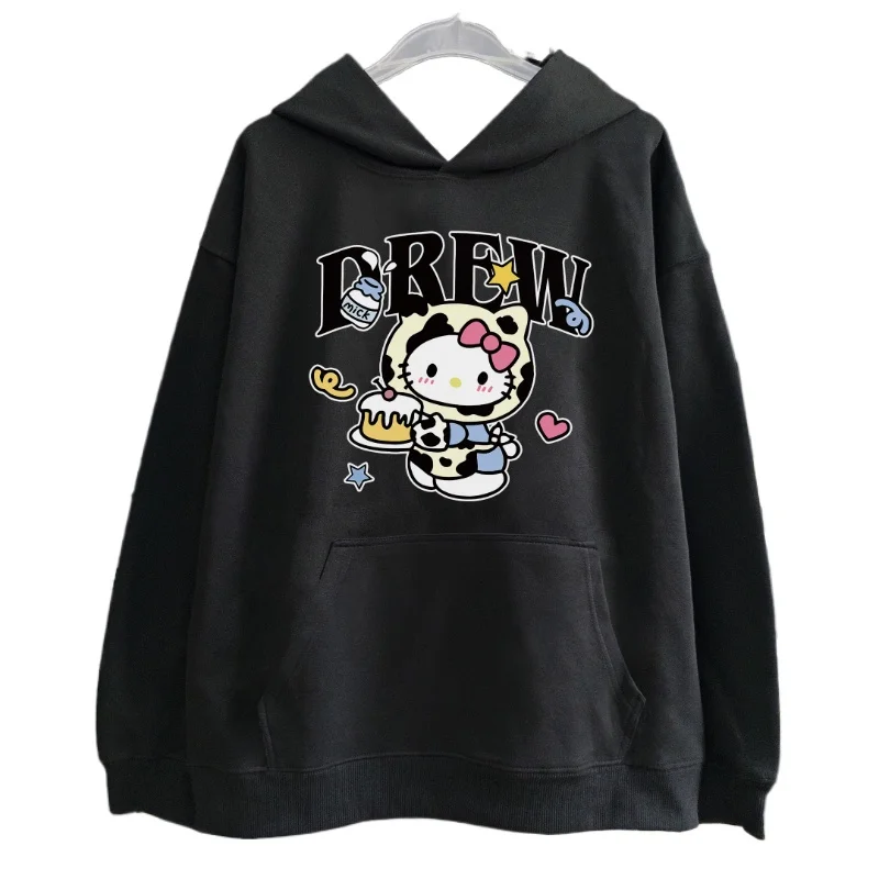 MINISO American Trendy Brand Fun Cartoon Cow Kt Cat Print Men's and Women's Casual Versatile Street Hooded Sweater