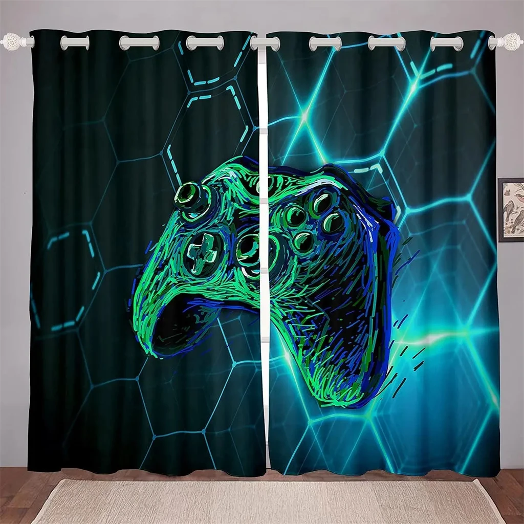 Boys Gamepad Bedroom Curtains Green Tech 2 Panel Men Exclusive Bedroom Living Room Balcony Window Decor