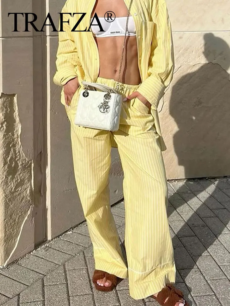 TRAFZA 2024 Stylish Summer Women\'s Yellow Striped Straight Long Pants Versatile High Waist Drawstring Cozy Loose Casual Trousers