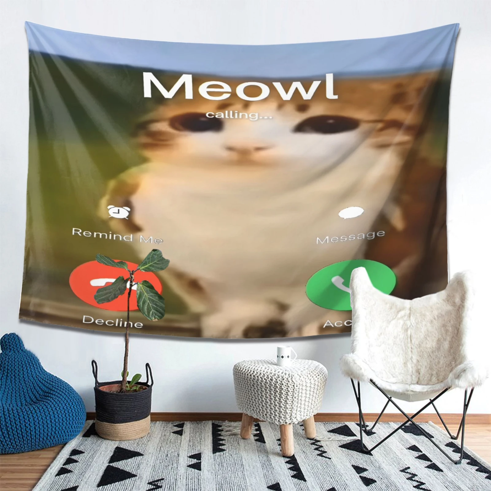 Meowl Cat Owl Funny Meme Calling Tapestry Bedroom Wall Hanging Fabric Living Room Home Dorm Decor Art Home Decor