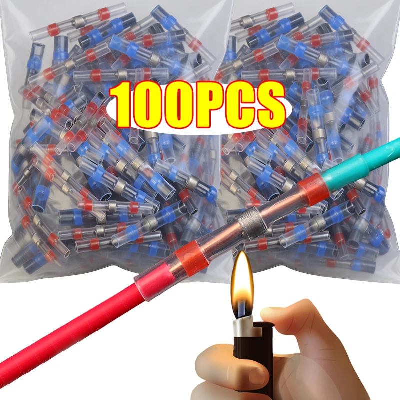 10-100PCS Waterproof Solder Seal Sleeve Splice Terminals Heat Shrink Electrical Wire Butt Connector AWG22-18 Wire Terminals