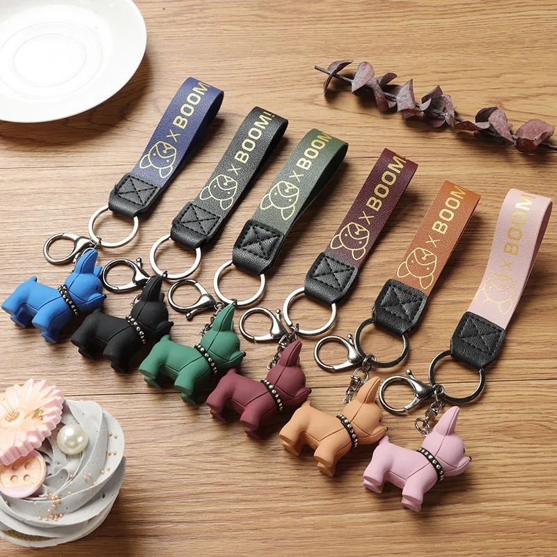 PU Leather Bulldog Keychain Cute Animal Dog Key Chain Charm Bag Car Key Ring  Pendant Accessories Trinkets Resin BullDogs