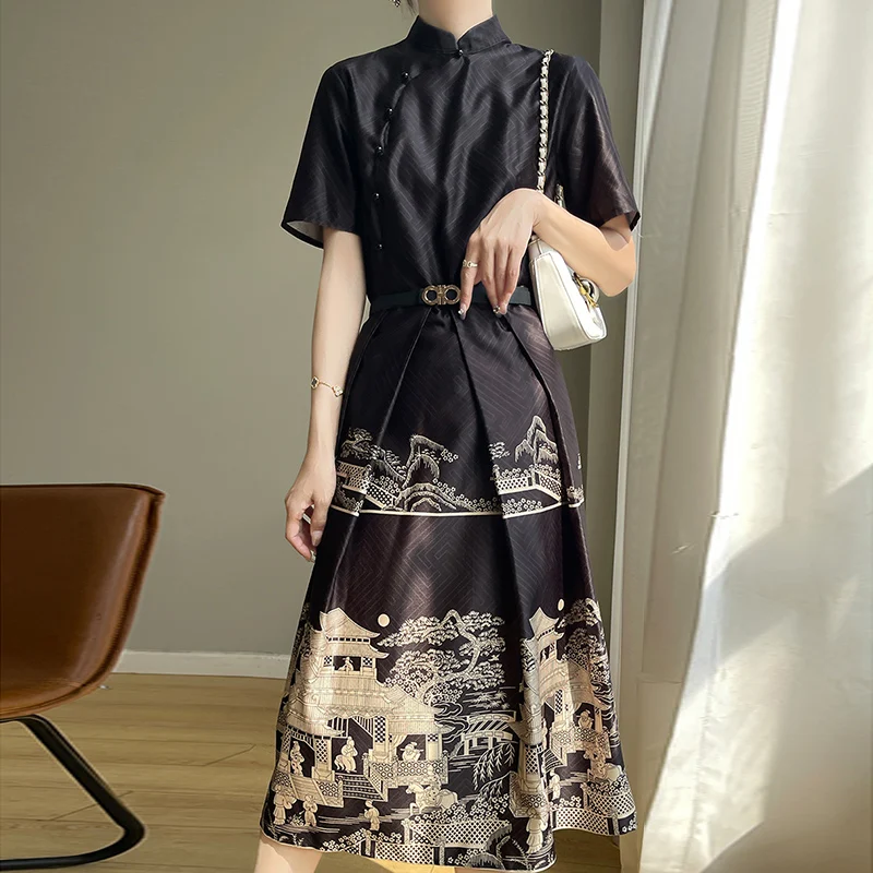 Summer New Jacquard Commuter Acetic Satin Cheongsam Dress Female Retro New Chinese National Style Short Sleeve Horse Face Dress