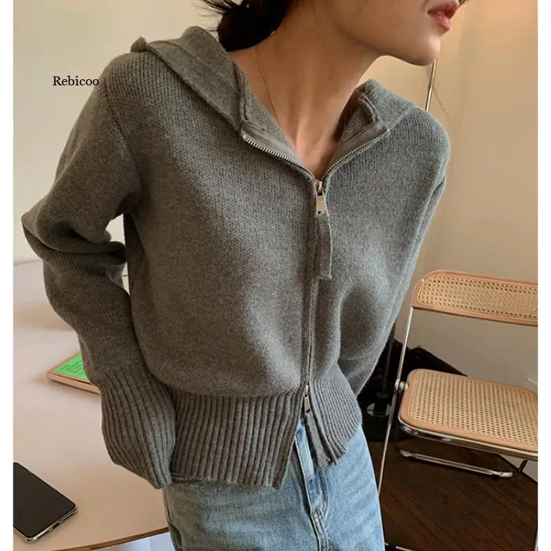 Hooded Double Zipper Sweater Women 2021 Autumn Solid Long Sleeve Short Sweaters Coat Korean Temperament Fashion Clothes