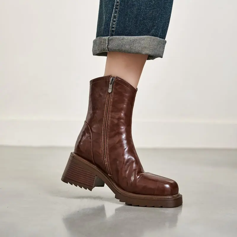 MORAZORA Size 34-41 Genuine Leather Snow Boots Women Zipper Square High Heels Nature Wool Warm Winter Boots Handmade Ankle Boots