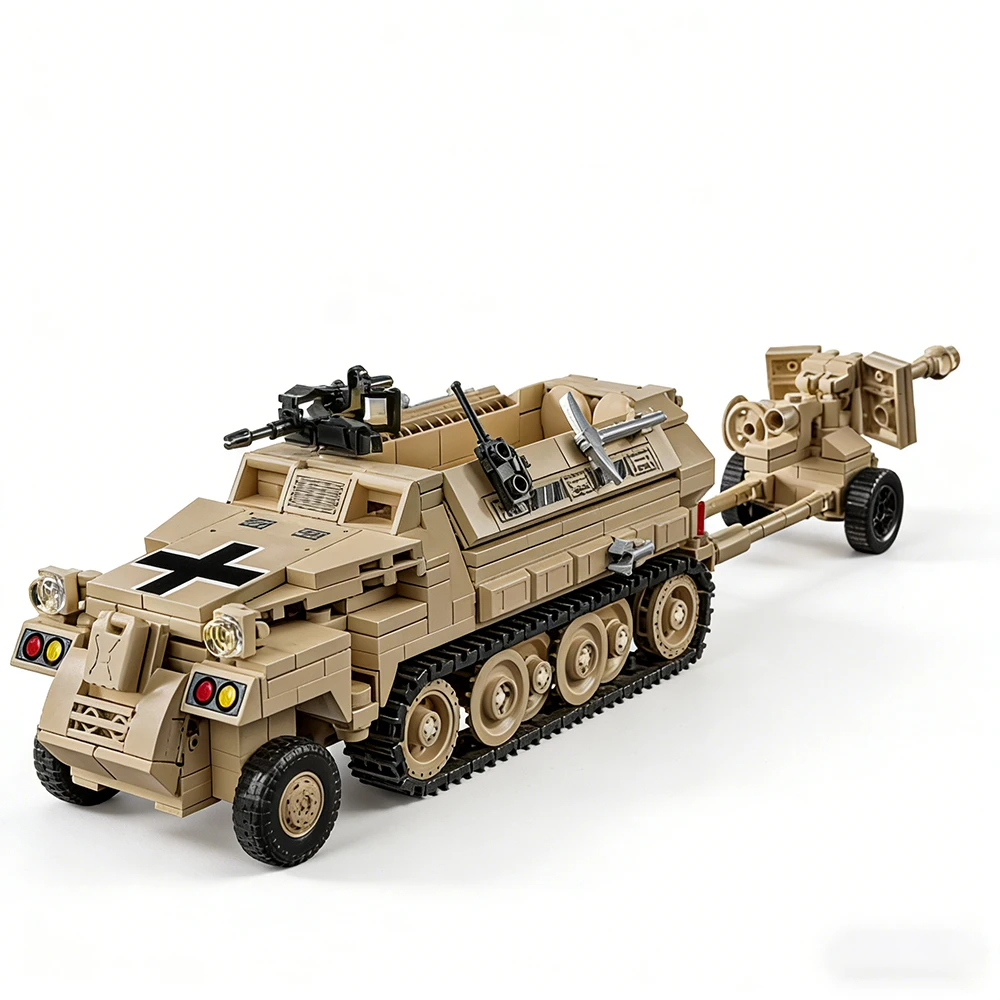 

World War 2 WW2 Army Military Soldiers SWAT Half Tracked Armor Vehicle Trailer Assemble Building Blocks Bricks Children's Toys