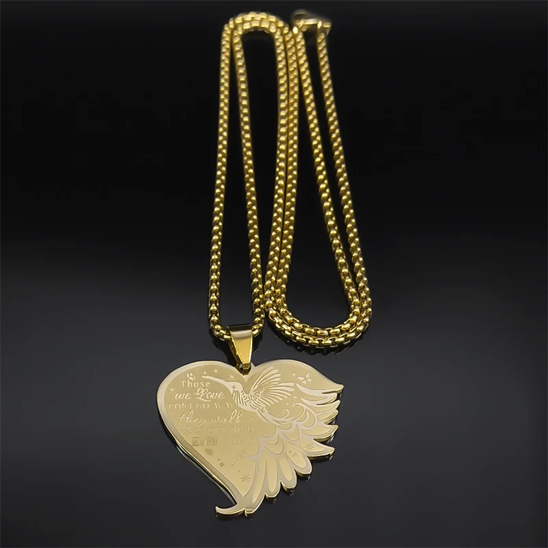 Aesthetic Hummingbird Wing Heart Necklace for Women Men Stainless Steel Those We Love Dont Go Away Chain Jewelry NZZZ545S02