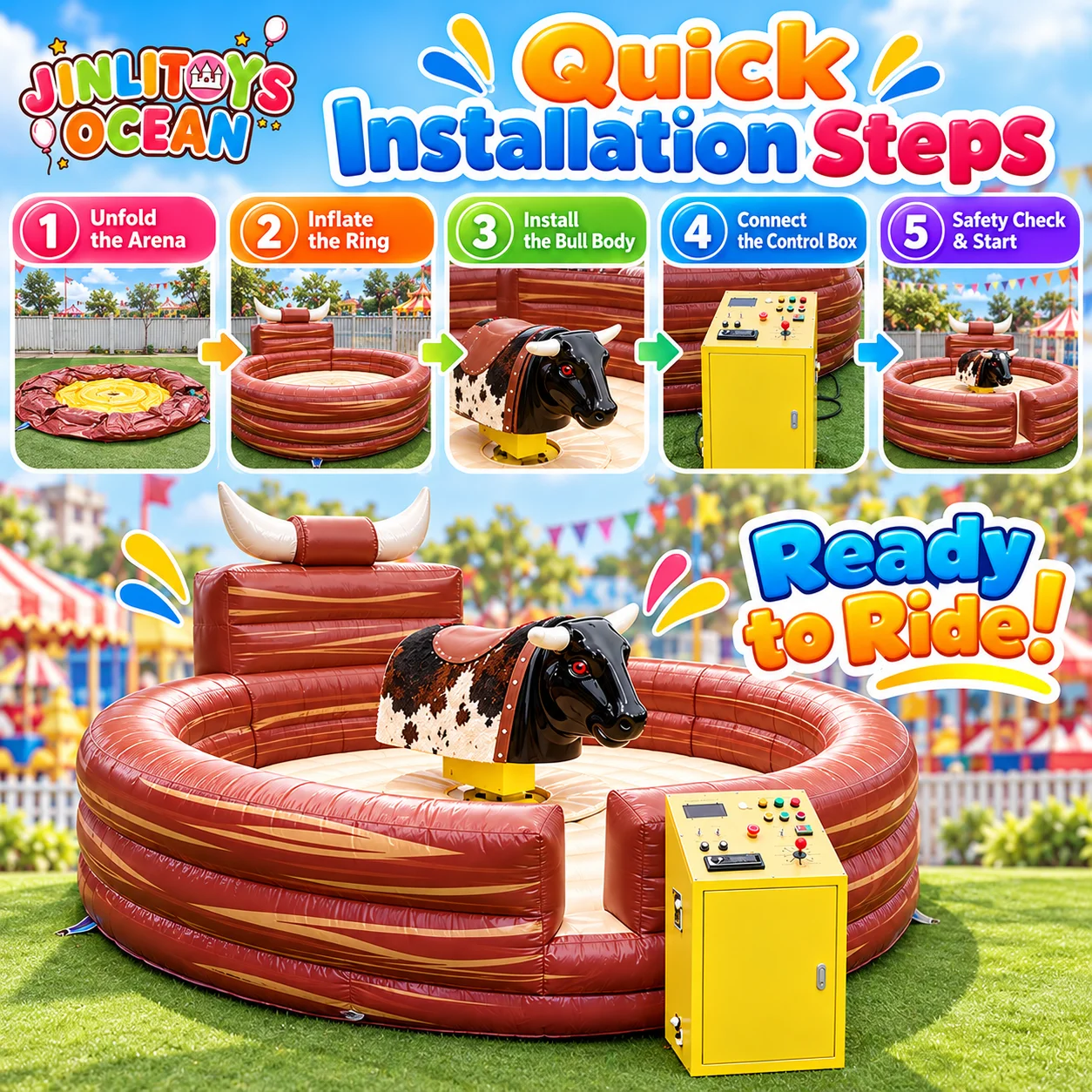 Team Building Inflatable Bull Ride Set – Mechanical Bull with Safety Pad for Commercial Events
