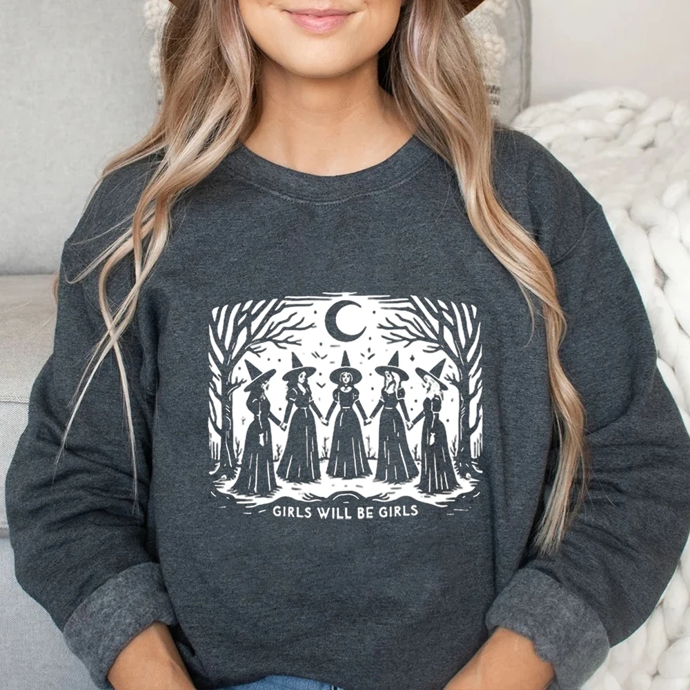 Vintage Girls Will Be Girls Witch Sweatshirt Funny Witch Shirt Witchy Vibes Sweater Women Power Pullover Aesthetic Sweatshirts