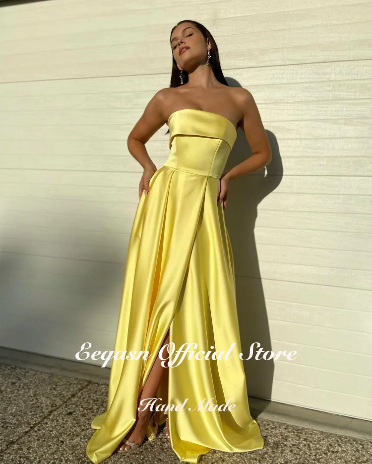 Customized Yellow Satin Evening Gown 2025 Strapless Long A Line Women Prom Dresses Gala Celebrity Formal Gown with Pockets