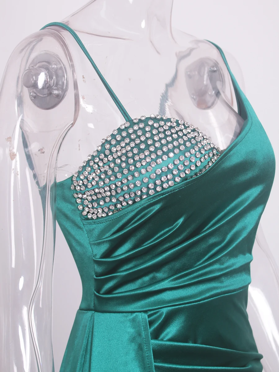 Romagic-Robe de Soirée pour Femme, avec Bretelles Spaghetti, Col en V, Strass Vert, Demoiselle d'Honneur, Soirée de Mariage, Ruban Fendu sur le Côté, Dos aux