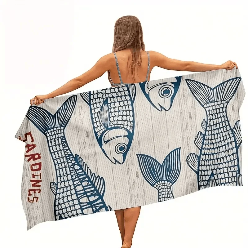 Toalla de Playa Vintage con Estampado de Pescado Sardina, de Microfibra de Secado Rápido, Absorbente, Lavable y Resistente a la Arena, para Piscina, Viajes y Playa en Verano