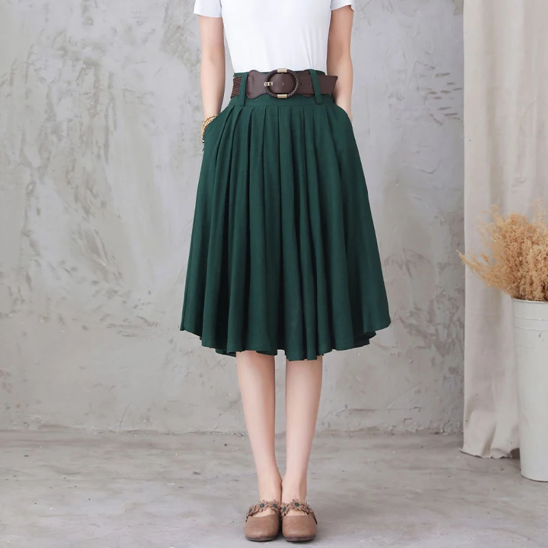 

2026 Summer Dark Green Linen Pleated Skirt, Women's Short Commuter Skirt, Breathable & Comfortable Mini Skirt