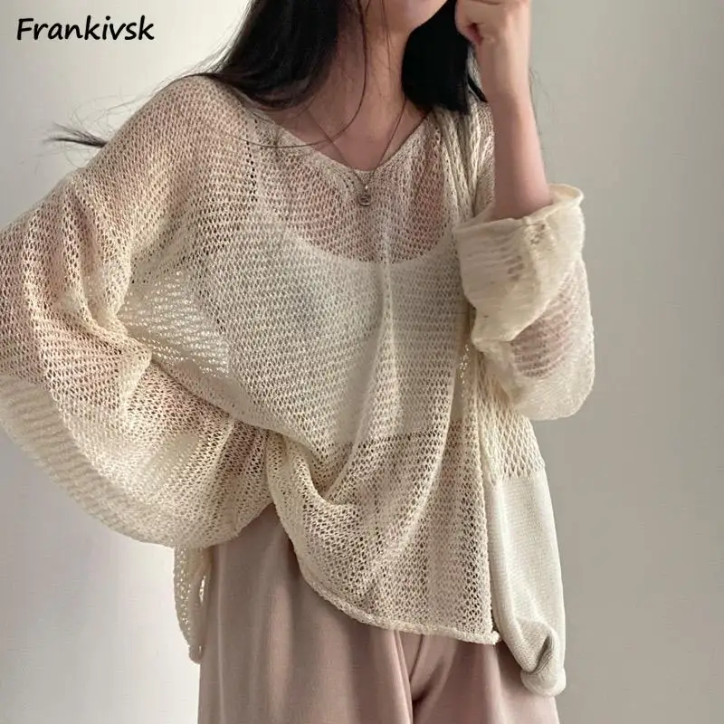 Sweaters Women Hollow Out Fashion Streetwear All-match Particular Elegant Cozy Baggy Holiday Solid Normcore Sheer Knitted Chic