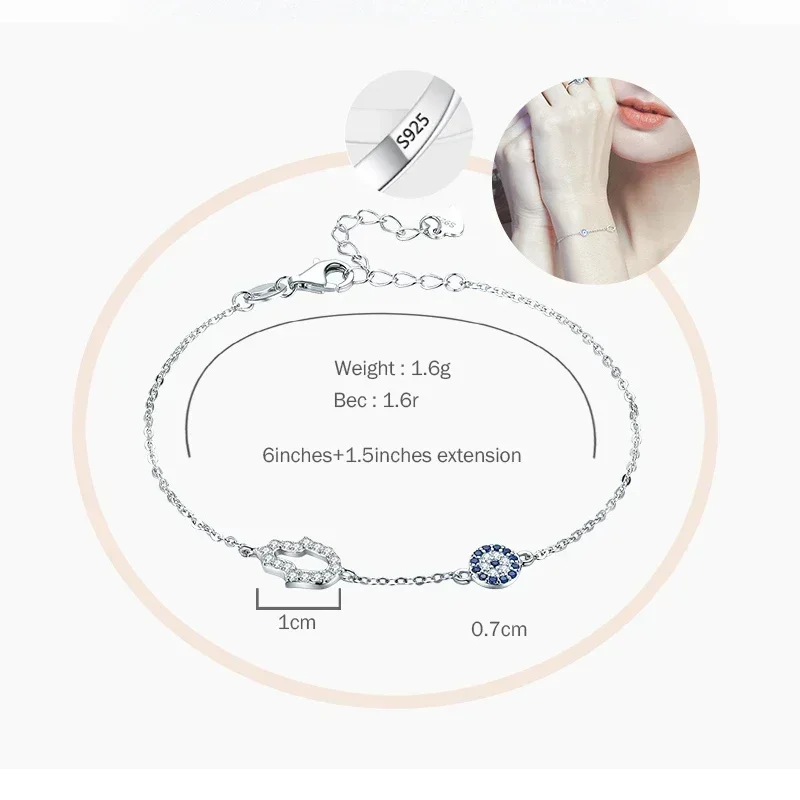 TONGZHE Hamsa Hand Evil Eye Charm Bracelet 925 Sterling Silver Luck Blue CZ Chain Link Bracelets For Women Turkish Jewelry