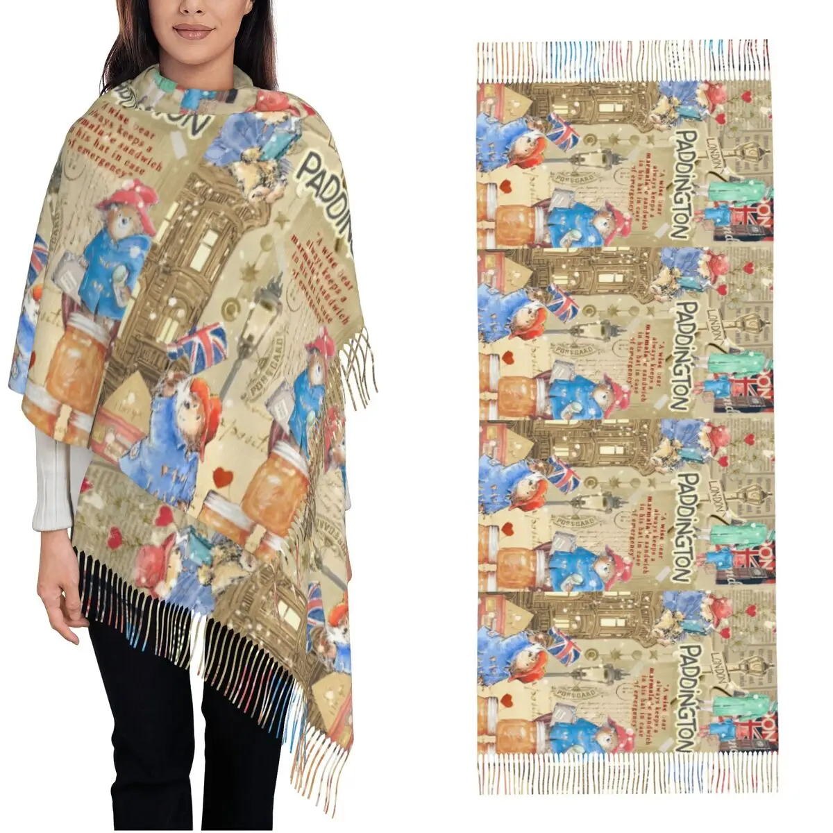 Womens Scarf with Tassel Britain Paddington Brown Bear Large Soft Warm Shawl and Wrap Cute Movie Cartoon Gifts Pashmina Scarves