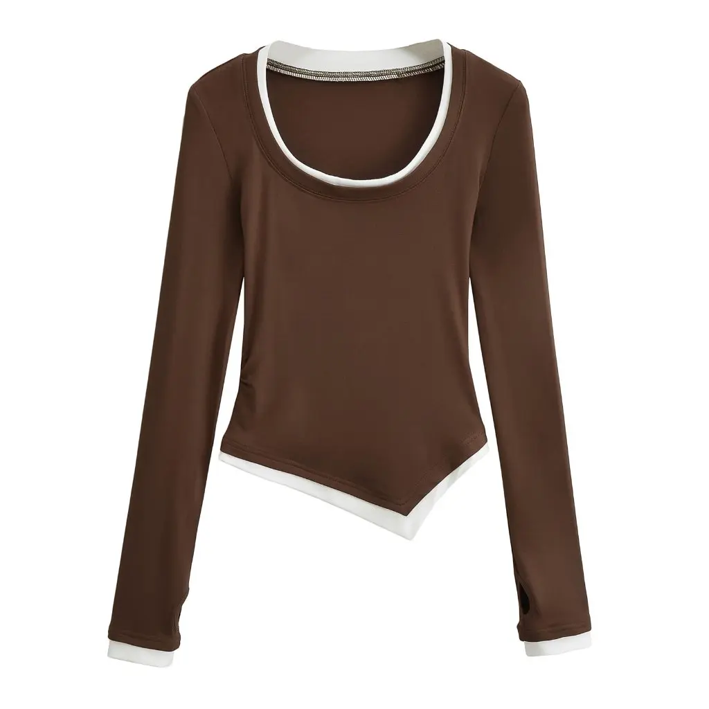 

Women's Slim Fit Long Sleeve T-Shirt round Neck Fake Two-Piece Top Autumn Winter Inner Design Oblique Hem Bottoming Shirt