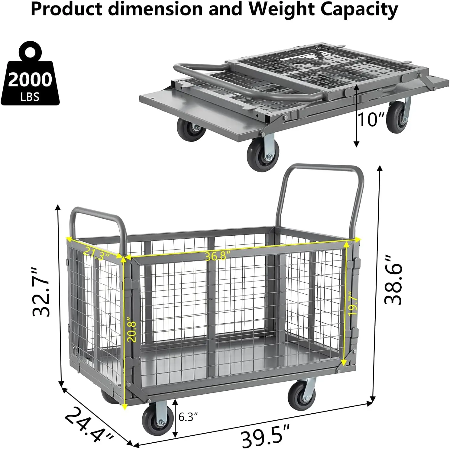 Truck Cart with Cage, 5 in 1 Heavy Duty Platform Cart with Cage 2000 LBS Capacity Foldable Push Cart Dolly with 5