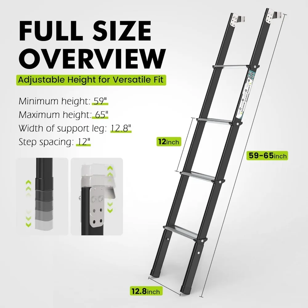 บันไดปรับระดับได้ 8 ระดับ รับน้ำหนักได้ 660 ปอนด์ ผลิตจากเหล็ก-อลูมิเนียมกันลื่น เหมาะสำหรับเตียงสองชั้น รถบ้าน หอพัก