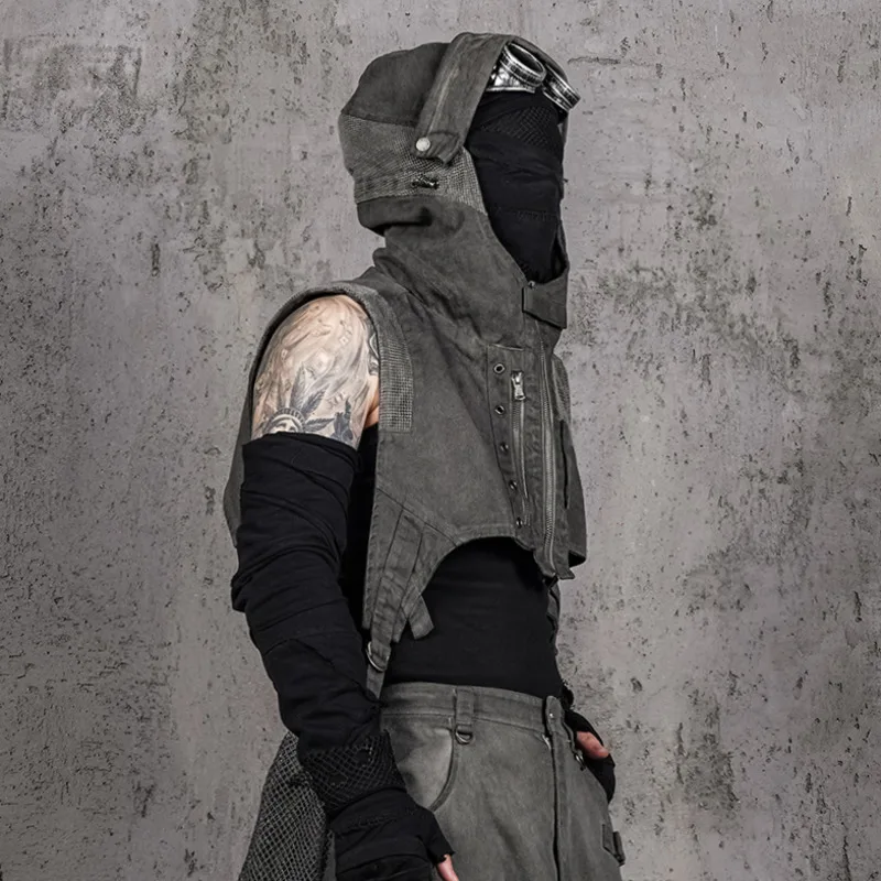 HKSH New Man Tide Dark Style Waste Land Dirty Dye Vintage Patchwork Hooded Vest Trendy Distressed Zippers Chic Waistcoat HK13712