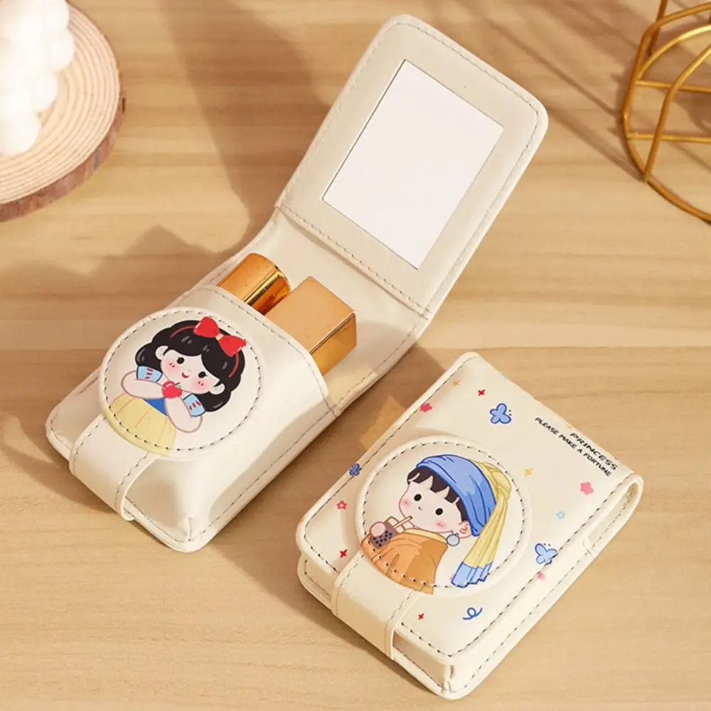 New With Mirror Lipstick Bag PU Leather Mini Lipstick Protective Cover Cartoon Portable Makeup Bag