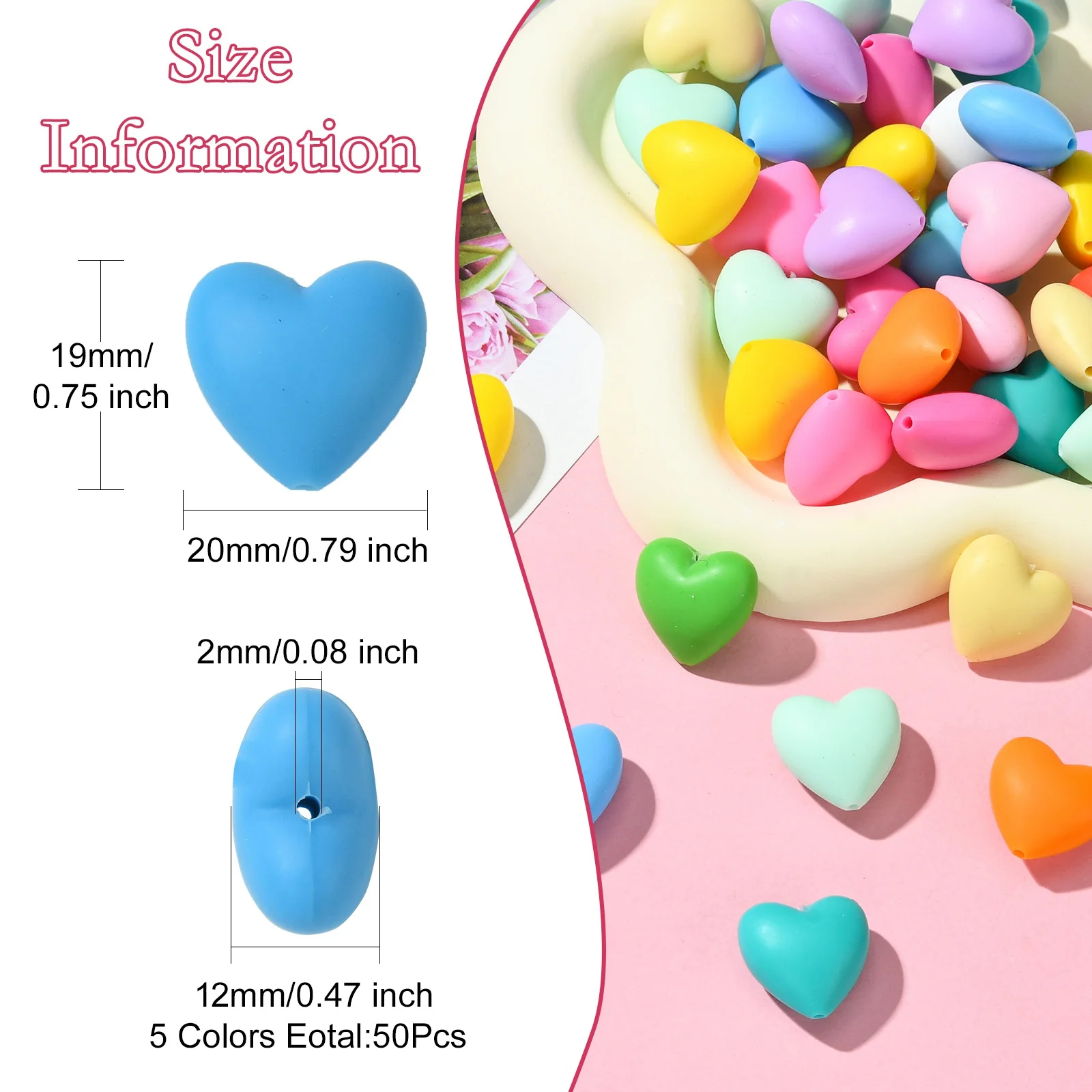 50Pcs Colorful Heart Shape Silicone Beads Valentine's Day Silicone Focal Beads Love Heart Spacer Beads for DIY Jewelry Making