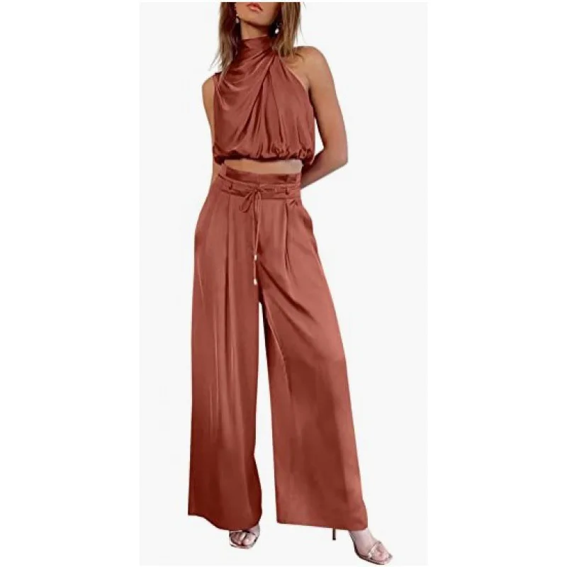 Women\'s Two Piece Pants Sets Open Navel Outfit Silk Pleated Texture Sleeveless Top Wide Leg Pants Set Summer Matching Sets 2024