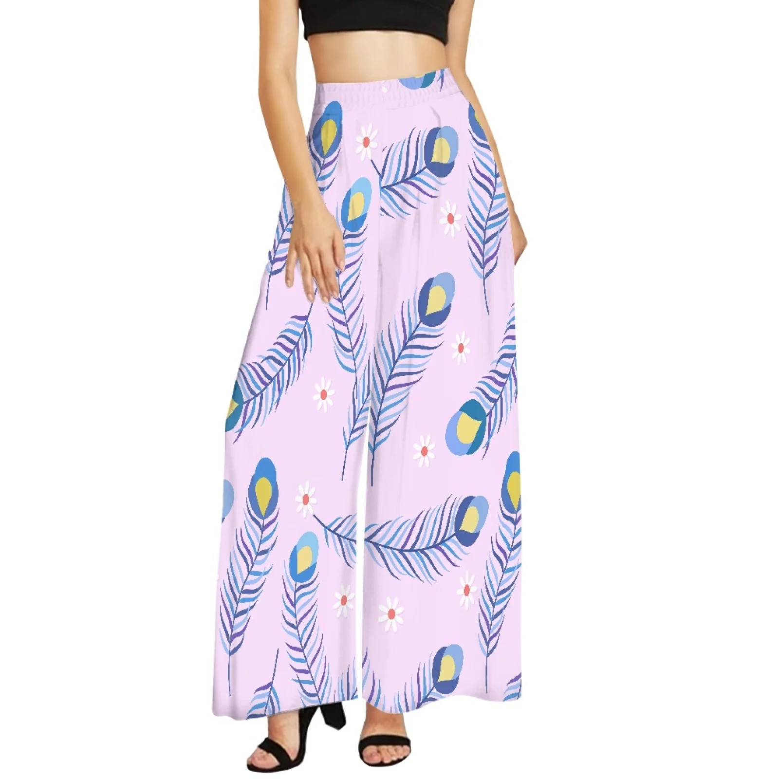 

Ladies Loose Drawstring Long Pants Fashion Summer Colorful Feathers Print Wide Leg Pants Women Elasitic High Waist Sweatpants