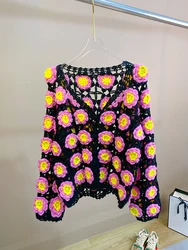 Women Handmade Floral Crochet Hollow-out V-neck Wool Cardigan 2024 Spring New In Design Top